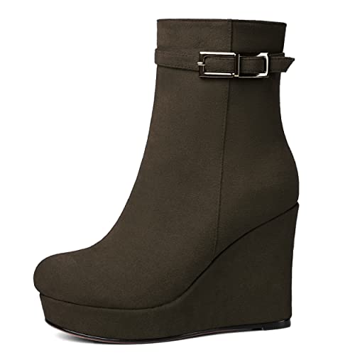 MERRORI Womens Bukle Fashion Round Toe Solid Suede Platform Party Wedge High Heel Ankle High Boots 4 Inch2