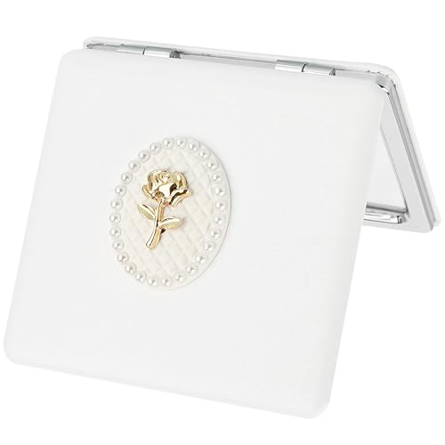 BUNCHBRAVO Folding Compact Mirror - Elegant Rose & Pearl Accent, Travel Pocket Mirror with 1x/2x Magnification for Makeup and Touch-up (White)