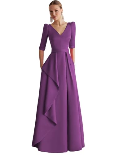Satin V Neck Mother of The Bride Dresses for Wedding Long Half Sleeve A Line Wedding Guest Dresses for Women4
