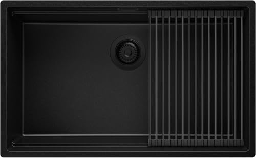 Fregadero bajo Encimera Todo Negro 76x47cm, 1 Seno + Sifón + Enrollable Escurridor, Granito al mueble 80cm - Prague de Primagran