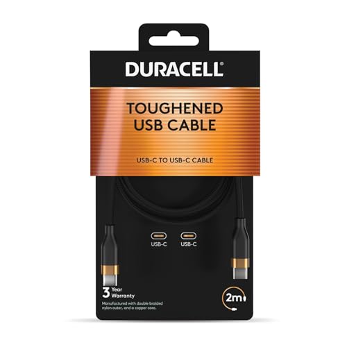 Duracell Câble de charge rapide USB-C vers USB-C de 2 m, 60 W, en nylon tressé pour Samsung Galaxy, iPad, iPhone 15, iPhone 16, MacBook, Nintendo Switch et appareils USB-C, noir