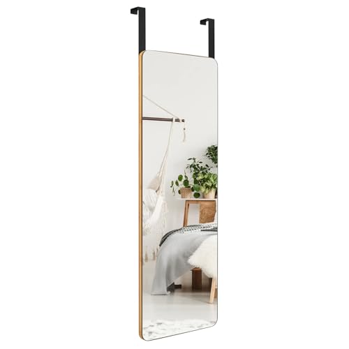 FANTASK Wandspiegel, Spiegel mit Bambusrahmen & abgerundeten Ecken, moderner Hängespiegel mit 2 Aufhängehaken für Flur, Schlafzimmer, Bad, 100×35cm