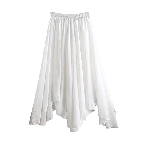 ORANZT Women's Linen Skirt Elastic Waist Band Long Maxi Skirt Bohemian Style Double Layer Solid Colour Crinkled Skirt - White