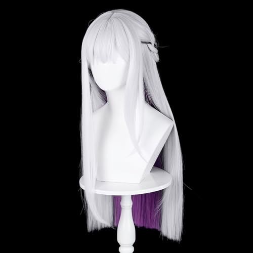 Image of Xuzhao Anime White Mixed Purple Black Long Straight Wigs with Side Braid&Bangs Women Nihi Lux Style Cosplay Costume Halloween,Game Show,Party
