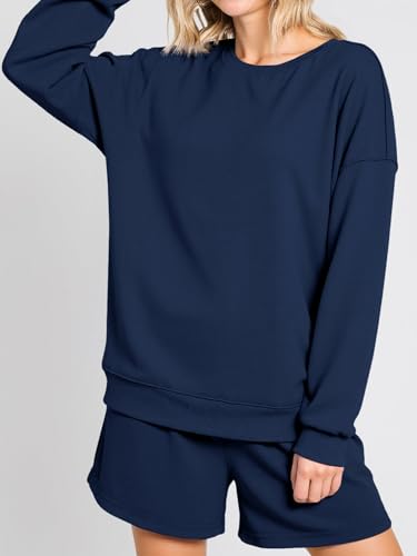 Tankaneo Womens Oversized 2 Piece Outfits Sweatsuit Casual Long Sleeve Crewneck Sweatshirts Sweat Shorts Fall Lounge Sets3