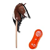 RL24 - Hobby Horse Pferde Professional Slim Line von HKM inkl. MagicBrush Edition – Steckenpferd – Spielpferd mit Holzstock & Mähne – Stockpferd ohne Griffe & Rollen – braun/weiß