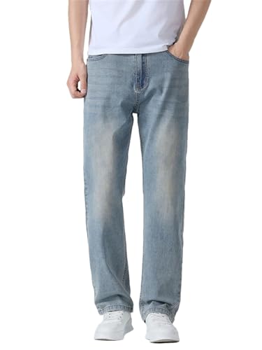 Hndudnff Men Thin Jeans Soft Zipper Straight Loose Trousers Breathable Business Casual Denim Pants - Main Image