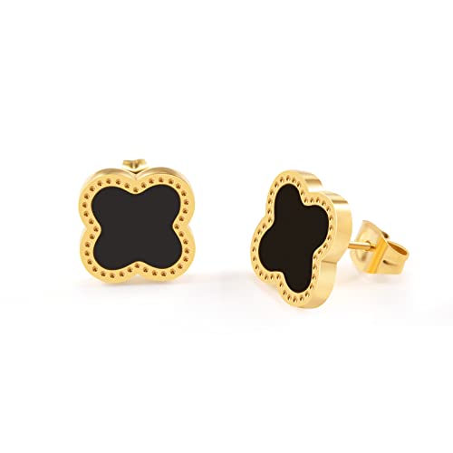 SUNSH Juego de 2 Piezas de Pendientes de TréBol de Cuatro Hojas, Sencillos y Elegantes Pendientes Negros, HipoalergéNicos de Acero 316l Chapados en Oro de 18 Quilates, Un Regalo Para Mujeres y Niñas Cover