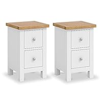Farro White Slim Bedside Tables Set of 2 Cabinet Units with Oak Tops | Roseland Furniture Pair of Solid Wood Painted Side End Nightstands with 2 Drawer Storage for Bedroom | Fully Assembled