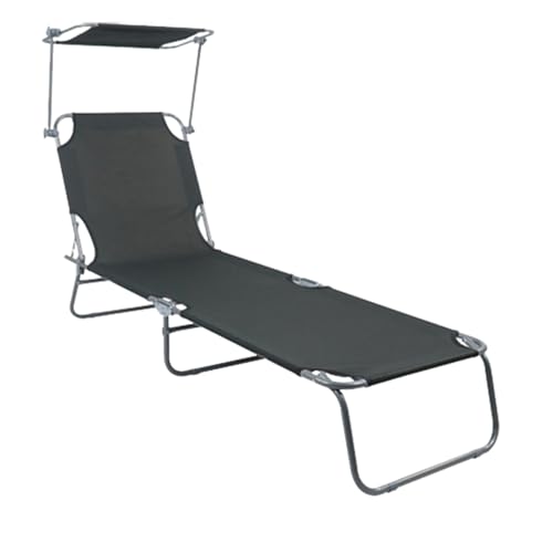 Mojawo Gartenliege Sonnenliege Relaxliege Liege 3-Bein Campingliege klappbar Schwarz mit Trageschlaufen und Sonnenschutzdach 186x55x24cm