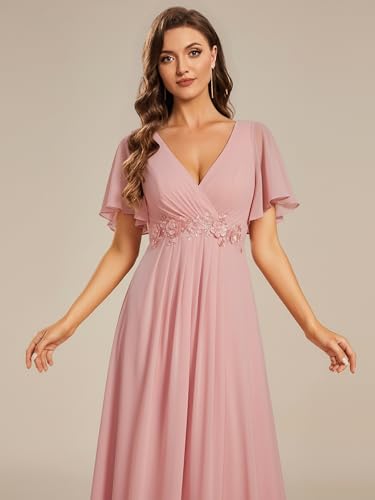 Image of Ever-Pretty Women's Spring Short Sleeve Bridesmaid Dresses V-Neck Chiffon Ruched Empire Waist Appliques Long Formal Dress