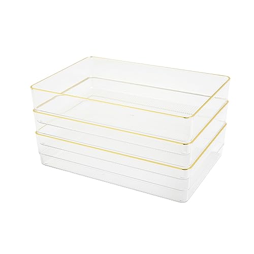 Image of Martha Stewart Kerry Plastic Stackable Office Desk Drawer Organizers, 9 inch x 6 inch, 3 Pack, with Gold Trim
