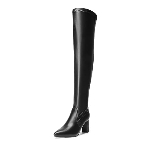 DREAM PAIRS Women's Over The Knee Stretch Thigh High Boots Chunky High Heels Pointed Toe Long Fall Boots 6 Black-pu