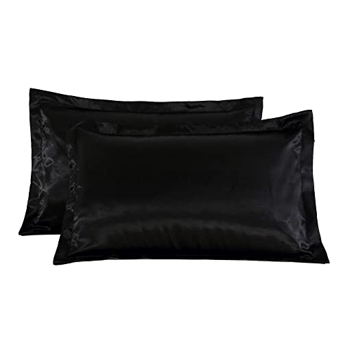 髪と肌の健康のためのシルクサテン枕カバー 2パック、夏クールサテン枕カバー48x74cm ソフトスムーズプレミアムグレードシルクサテン枕カバー、睡眠用、ブラック、48x74cm