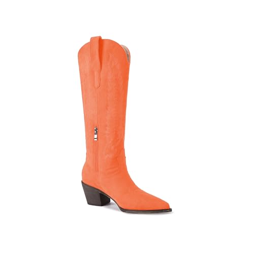 Cowboy Boots for Women Knee High Cowgirl Boots with Classic Embroidered Side Zipper Pointed Toe Chunky Heel Pull On Fashion Retro Tall Boot2