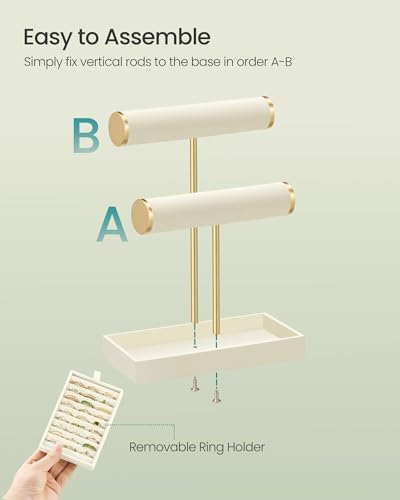 Image of SONGMICS Bracelet Holder Stand, Jewelry Display Stand, Jewelry Organizer, with 2 Tiers and Velvet Tray, Removable Ring Holder, Cream White and Pale Gold UJJS039W101