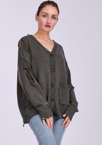 Women's Distressed Ripped Cardigan Sweater V Neck Button Down Long Sleeve Slouchy Pullover Knit Sweater4