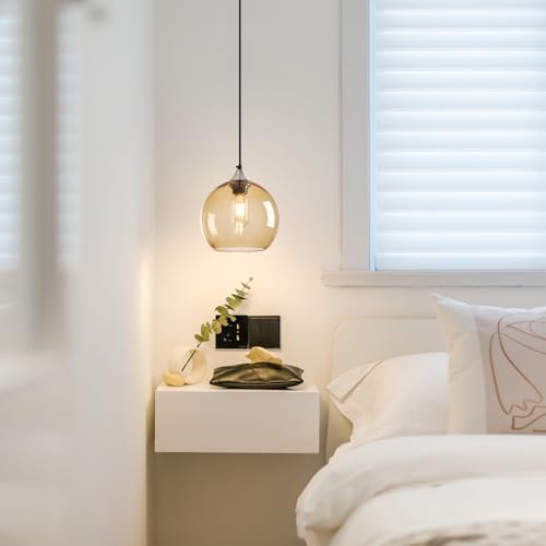Image of Light Brown Glass Pendant Lights Kitchen Island Lighting Globe Pendant Light Fixtures Modern Pendant Lighting for Bedroom Living Dining Room Light Fixture (7.87 in, 3 Pack)