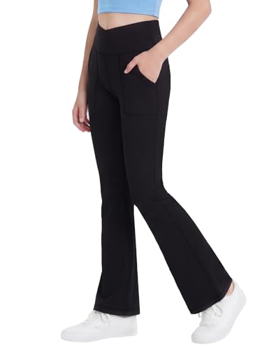 Mädchen-Leggings, Kreuz-Schlaghose mit Taschen, schwarz, weich, dehnbar...