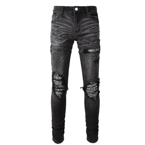 Jeans Pants Trousers Denim Men Street Trendy Stretch Slim Fit Black Pierced Retro Embroidered Casual Small Straight Leg(Black,31)