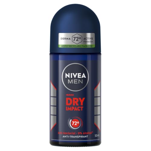 NIVEA MEN - Déodorant Bille Dry Impact - Déodorant Homme 72H Anti-Transpirant Aisselles - Anti-Bactérien - 0% Alcool - Dual Protection - Tous Types de Peaux - 50 ml