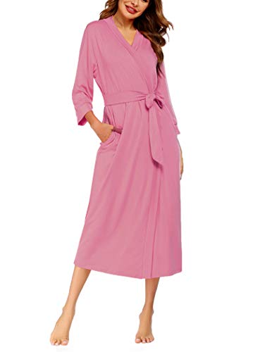 MAXMODA Women Kimono Robes Cotton Long Robe Knit Bathrobe Soft Sleepwear V-Neck Ladies Loungewear S-3XL(Rose Pink,S)