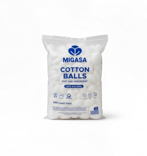 Migasa Cotton Balls (200 Count) – 100% Natural Cotton, Ultra-Soft, Highly Absorbent,Biodegradable Packaging, Perfect for Makeup Removal, Skincare & Crafts