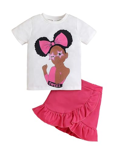 Image of Kids Toddler Girl Summer Clothes Letter Printed T-Shirt Top+ Floral Skirt 2pcs Girl's Skirt Set