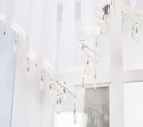 Molaxhome Swag Curtain 63 Inch Length, Rod Pocket Scalloped Curtain Valance Sheer Lace Panels With Hanging Crystal Beads For Farmhouse Kitchen Bedroom Window Treatments Drape Decor 1Pc thumb #4