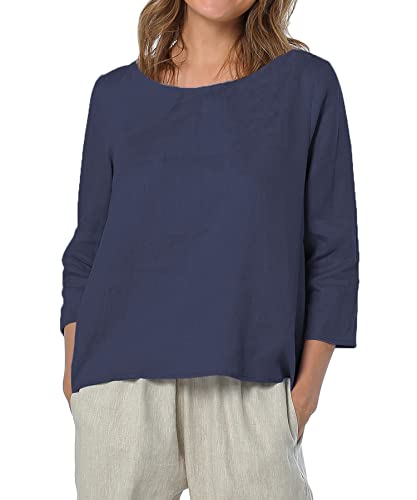 Amazhiyu Women's Linen 3/4 Sleeve Blouse Crew Neck Summer Casual Tops Loose Fit