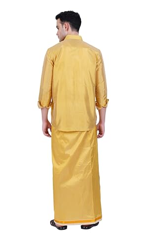 Image of PRAKASAM COTTON-Mens Art Silk Wedding Set /Art Silk 8 Mulam (8-Yard) Dhoti and Stitched Shirt for mens