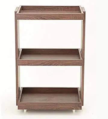 Image of 3-Tier Solid Wood Rolling Bar Cart - Wine Serving Trolley with Wheels & Seasoning Rack (Brown Polish, Style 2)