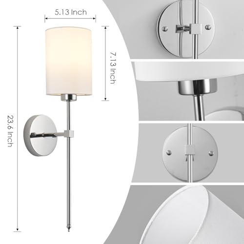 Image of Battery Operated Wall Sconces Set of Two, with Remote Control, Dimmable, 4 Color Temperatures, RGB, Timer, Wireless Rechargeable Wall Light for Living Room, Bedroom, Fireplace, 23.6 Inch, Chrome