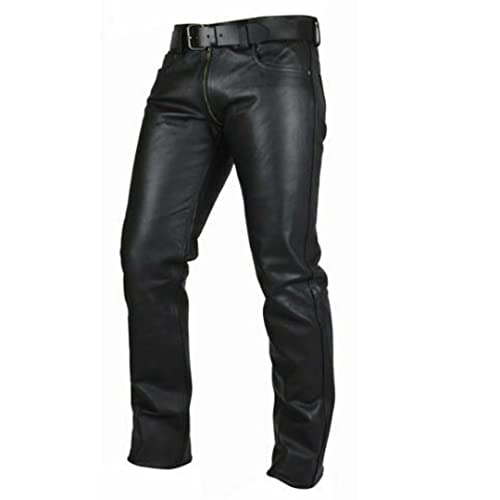 Men's Genuine Cowhide Leather Pants Double Zipped Trouser Jeans Interest BLUF Pants