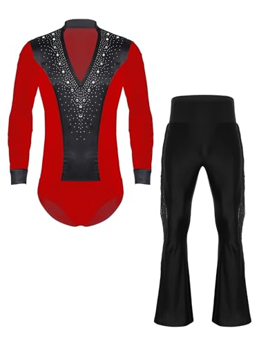 YEAHDOR Maillot de Danza Latina para Hombres Body de Gimnasia Rímitica con Pantalones Rumba Pedrerías Brillantes Negro rojo XXL