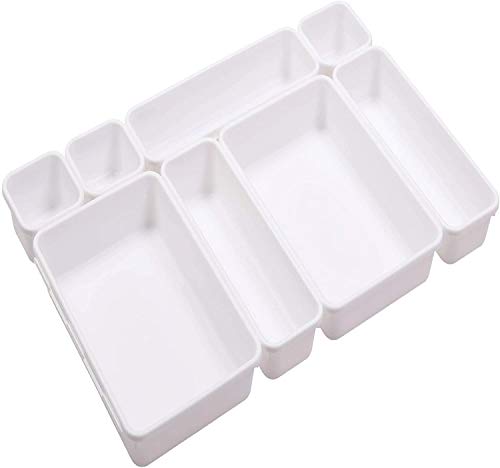JMSWENJUAN 8 Pcs Drawer Organizers Trays Set for Office Dresser Interlocking Dividers Storage Bins Drawer Organizer for Office Desk Supplies and Accessories(White)