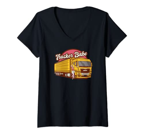 Mujer Trucker Babe - Conductor de camión semi - Linda chica conductora de 18 ruedas Camiseta Cuello V