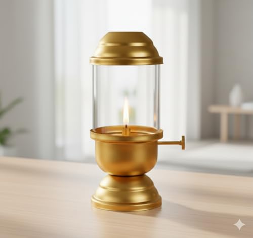 Image of Akhand Diya with Adjustable Wick, Knob, Bati Lifting Screw Lever 75 ml Oil Capacity, Burns Up to 20 Hours for Long-Lasting Pooja (Small)