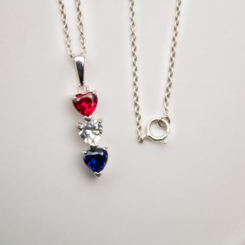Silver Smile Sterling Silver 3 Birthstone Pendant for Women – Lab-Grown Ruby, White & Blue Gemstones – Hypoallergenic & Tarnish Resistant – 925 Rhodium-Plated Pendant – Elegant Patriotic Gift for Her4