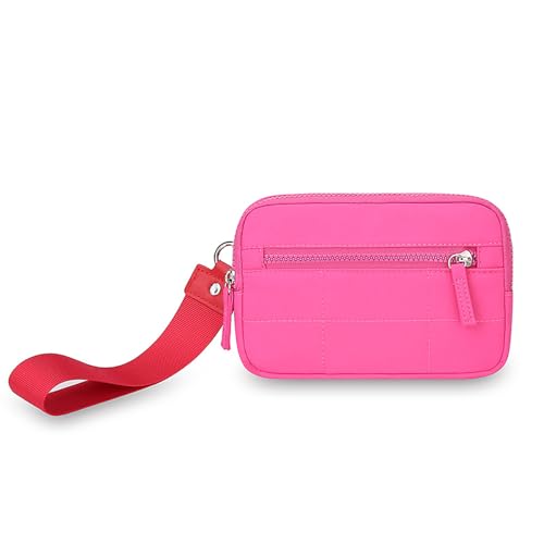 Wristlet Wallets for Women Nylon Quilted Wallet with 3 Zippers Pocket and Credit Slots Phone Organizer Coin Purse (Rose)