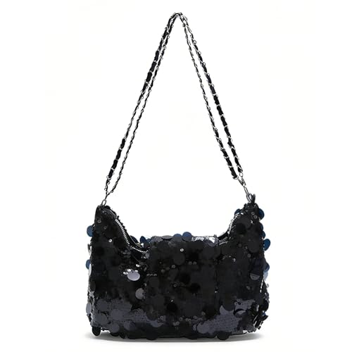 JENCVNL Damen Glitzer Pailletten Tasche, Elegant Glitzer Clutch Abendtasche Silber Schwarz Pailletten Umhängetasche Schultertasche mit ReißVerschluss für Abend Prom Hochzeit Party (Schwarz)