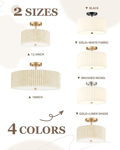 Image of Semi Flush Mount Ceiling Lights, 4-Light 18 inch Gold Light Fixtures Ceiling Mount with Pleated Linen Fabric Shade, Drum Lighting Fixture for Nursery Hallway Bedroom Kitchen, AD-25036-4SF-GD-B