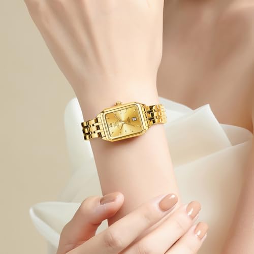 OLEVS Women's Small Gold Watch, Square Ladies Watches for Small Wrists, Dainty Fashion Luxury Dressy Analog Quartz Date Waterproof Wrist Watch for Women,Gold/Black/White/Blue/Green Face2
