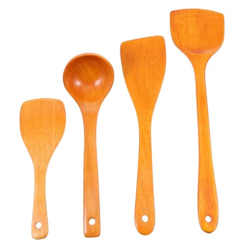 HYTROVE 4個 木製調理器具 点 非粘着性耐熱スプーン おたま 木製キッチンツール 長柄設計 軽量 滑り止め加工 炒め物 スープ対応 家 レストラ