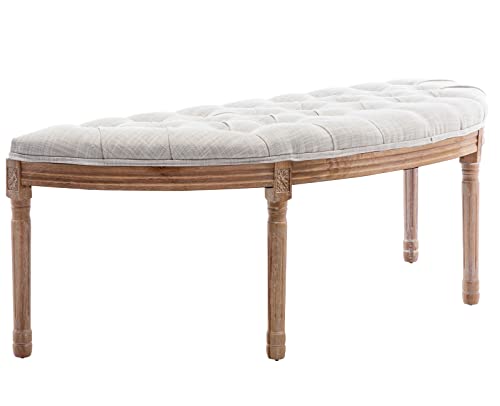 Kmax 55\" Upholstered Bench Tufted Fabric Bench Vintage Semi-Circle Entryway Bench Carved Pattern&Rubber Wood Legs for End of Bed, Beige