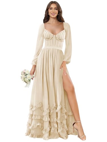 SOLODISH Long Sleeve Bridesmaid Dresses with Slit Ruffle Formal Evening Dresses for Women4