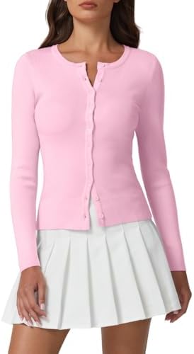 QINSEN Womens Long Sleeve Crewneck Cardigan Sweater Lightweight B...