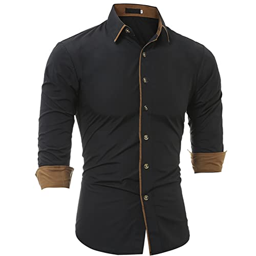 Maiyifu-Gj Men Roll Up Sleeve Stylish Shirts Casual Solid Color Lightweight Slim Shirt Classic Hiking Button Down Dress Shirt (Black,Xx-Large) #TOP1
