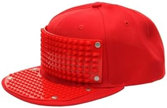 Red Building Block Snapback Hat | Flat Bill Baseball Cap with Curved Brick Base Panel on Bill and Crown