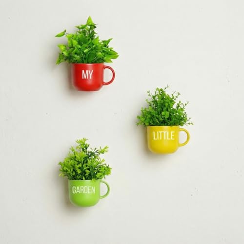 Image of Dekorly Colorful Wall-Mounted Mug Planters with Faux Greenery(20 CM)- Wall Decorative Pots for Vibrant Home & Office Decor| (3, My Little Garden)